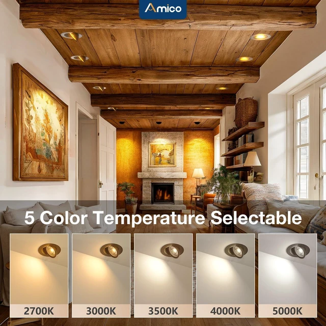 Alt view image 4 of 7 - Amico 4 Pack 4 Inch Black 5CCT Gimbal LED Recessed Ceiling Light | 360° Rotation & 90° Tilt, 9W 700LM, CRI90+, Dimmable, ETL&FCC, Adjustable Eyeball Directional Wafer Downlight, J-Box Included