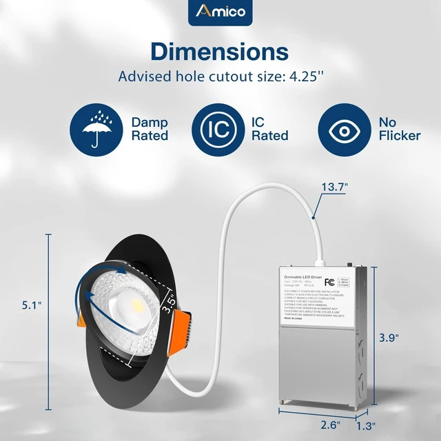 Alt view image 6 of 7 - Amico 4 Pack 4 Inch Black 5CCT Gimbal LED Recessed Ceiling Light | 360° Rotation & 90° Tilt, 9W 700LM, CRI90+, Dimmable, ETL&FCC, Adjustable Eyeball Directional Wafer Downlight, J-Box Included