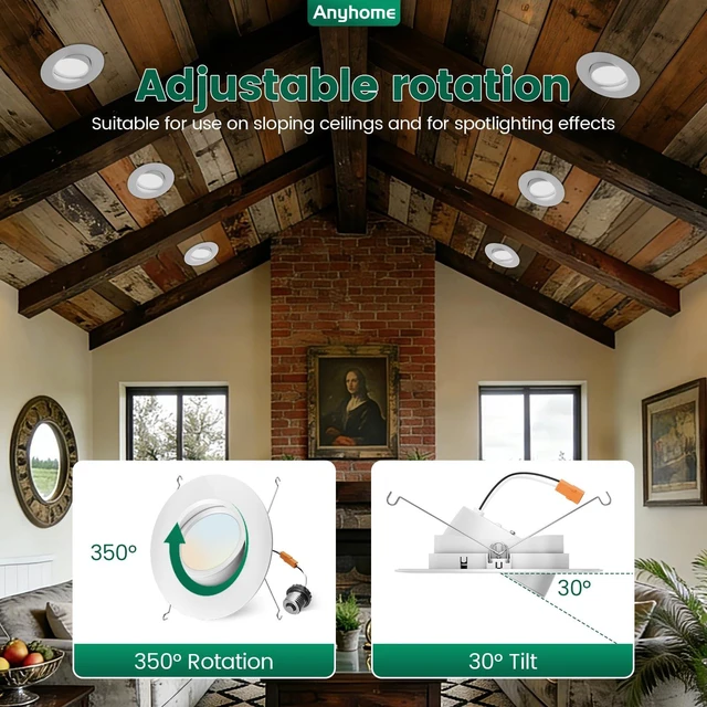 Alt view image 2 of 7 - Anyhome 6 Inch Gimbal Led Recessed Lighting Retrofit 8 Pack | 5 CCT 2700K-5000K Dimmable 11W 900LM,Compatible with TP24 Connector/E26 Bases