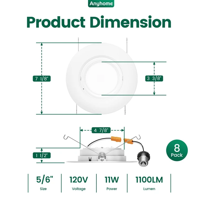 Alt view image 6 of 7 - Anyhome 6 Inch Gimbal Led Recessed Lighting Retrofit 8 Pack | 5 CCT 2700K-5000K Dimmable 11W 900LM,Compatible with TP24 Connector/E26 Bases