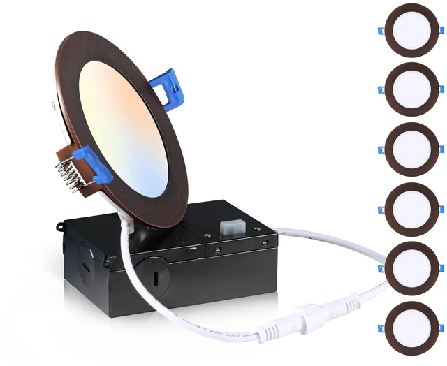 Main image of CLOUDY BAY Ultra Thin LED Recessed Ceiling Light,4 inch 3000K/ 4000K/ 5000K,Dimmable 10W CRI90+,Canless Light with Junction Box,IC Rated, Canless Wafer Downlight,Oil Rubbed Bronze,Damp Rated,6 Pack