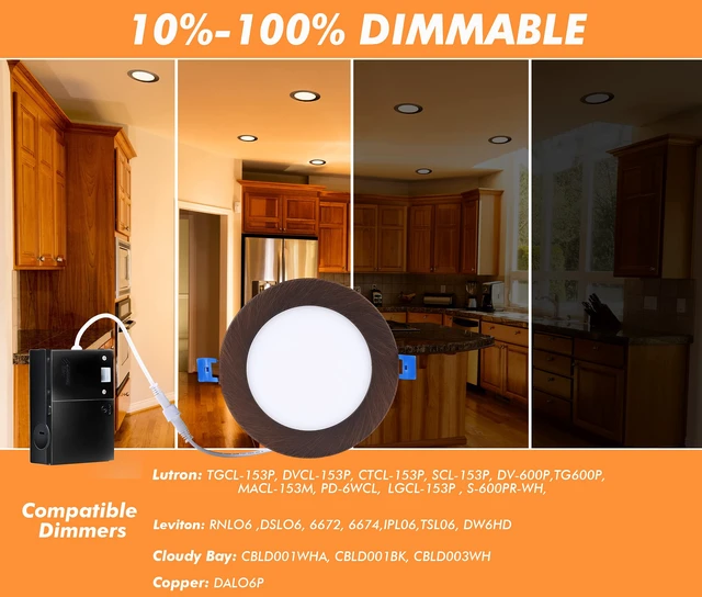 Alt view image 3 of 7 - CLOUDY BAY Ultra Thin LED Recessed Ceiling Light,4 inch 3000K/ 4000K/ 5000K,Dimmable 10W CRI90+,Canless Light with Junction Box,IC Rated, Canless Wafer Downlight,Oil Rubbed Bronze,Damp Rated,6 Pack