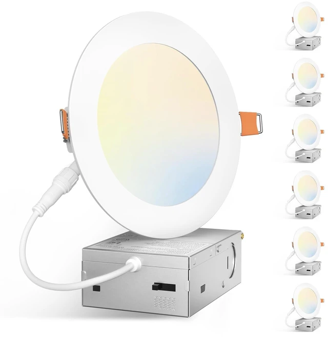 Main image of Amico 6 Pack 5 Inch 5CCT Ultra-Thin LED Canless Recessed Ceiling Light | 2700K/3000K/3500K/4000K/5000K Selectable, 11W=75W, 900LM High Brightness, Dimmable Wafer Downlight with Junction Box, ETL&FCC