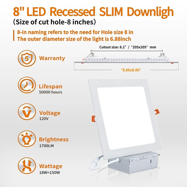 Alt view image 7 of 7 - JJiuzming Square 8 Inch Recessed Light,18W 6000K Daylight,No Dimmable 4Pack | LED Ultrathin wafer cankiller canless recessed lighting fixtures with JBox,8" ceiling cutout hole,outer trim 87/8"