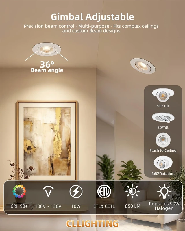 Alt view image 2 of 7 - CLLIGHTING Gimbal Led Recessed Light 4 inch - 5CCT 850LM for Sloped Ceiling | 4 Pack,10W, 360° Rotatable+90° Tilt Eyeball Canless Light, 120V, ETL& IC, Damp Rated, 5%-100% Dimmable, 90+CRI, 38°Beam