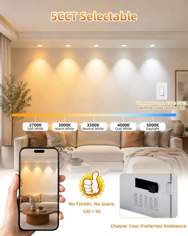 Alt view image 6 of 7 - CLLIGHTING Gimbal Led Recessed Light 4 inch - 5CCT 850LM for Sloped Ceiling | 4 Pack,10W, 360° Rotatable+90° Tilt Eyeball Canless Light, 120V, ETL& IC, Damp Rated, 5%-100% Dimmable, 90+CRI, 38°Beam