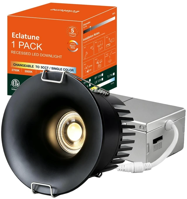 Main image of Eclatune 2 Inch Anti-Glare Recessed Lighting IP65 Shower Light 5CCT Waterproof LED Downlight with Junction Box, 2700K-5000K Selectable CRI90+, 9W COB, 840LM Dimmable ETL 1Pack Black