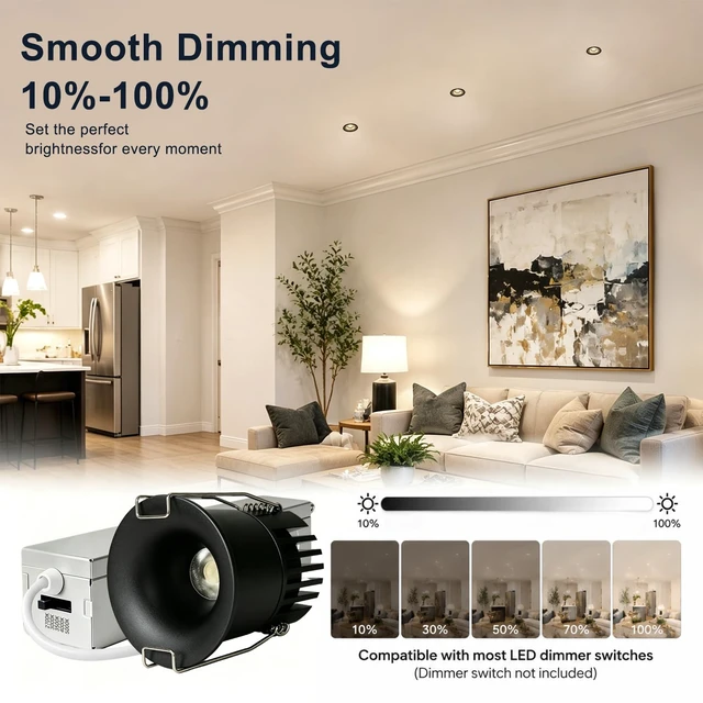 Alt view image 3 of 7 - Eclatune 2 Inch Anti-Glare Recessed Lighting IP65 Shower Light 5CCT Waterproof LED Downlight with Junction Box, 2700K-5000K Selectable CRI90+, 9W COB, 840LM Dimmable ETL 1Pack Black