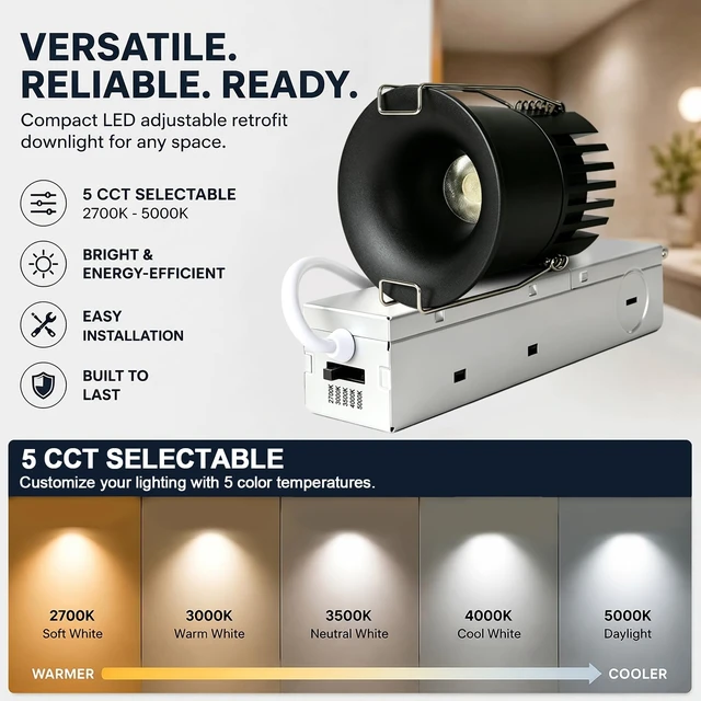 Alt view image 6 of 7 - Eclatune 2 Inch Anti-Glare Recessed Lighting IP65 Shower Light 5CCT Waterproof LED Downlight with Junction Box, 2700K-5000K Selectable CRI90+, 9W COB, 840LM Dimmable ETL 1Pack Black