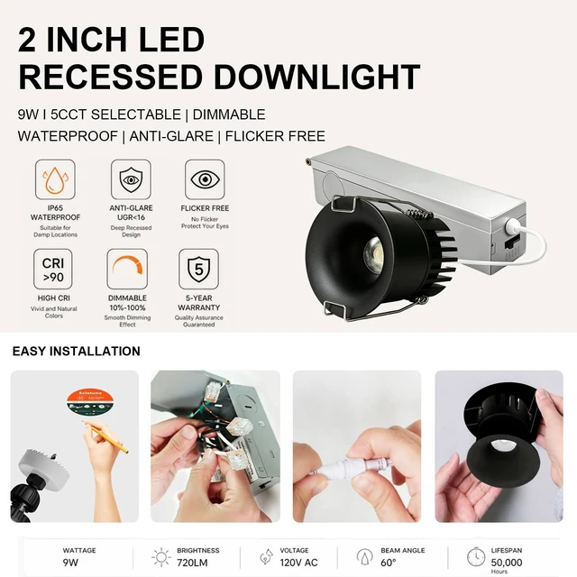 Alt view image 4 of 7 - Eclatune 2 Inch Anti-Glare Recessed Lighting IP65 Shower Light 5CCT Waterproof LED Downlight with Junction Box, 2700K-5000K Selectable CRI90+, 9W COB, 840LM Dimmable ETL 1Pack Black