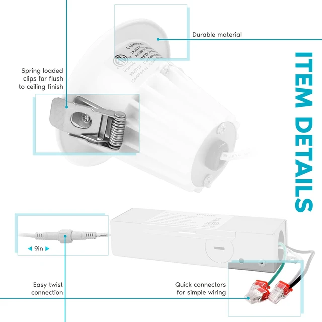 Alt view image 3 of 6 - LUXRITE 2 Inch LED Recessed Lighting with Junction Box, 3CCT Selectable 3000K/4000K/5000K, CRI 90, Dimmable Canless LED Downlight Kit, 8W, 600 Lumens, IC Rated, Damp Rated, ETL Listed