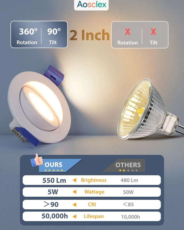 Alt view image 2 of 7 - Aosclex 4 Pack 2 ''LED Gimbal Eyeball Recessed Light, 5CCT Dimmable White | 360°+90° Rotatable,2700K-5000K selectable,5%-100% Dimmable,No-flicker, 5W 550LM, 90+CRI, 120V, IC/ETL/Energy Star