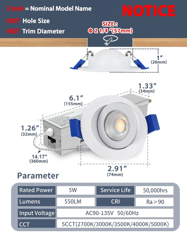 Alt view image 6 of 7 - Aosclex 4 Pack 2 ''LED Gimbal Eyeball Recessed Light, 5CCT Dimmable White | 360°+90° Rotatable,2700K-5000K selectable,5%-100% Dimmable,No-flicker, 5W 550LM, 90+CRI, 120V, IC/ETL/Energy Star