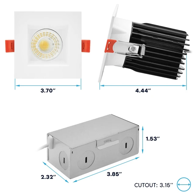 Alt view image 4 of 7 - LUXRITE 3 Inch LED Regressed Canless Spotlight + Square White Interchangeable Trim, 5CCT 2700K-5000K, Twist N' Lock, Recessed Lighting, 15W, 1250LM, CRI90, Dimmable, 38° Beam, IC & Wet Rated