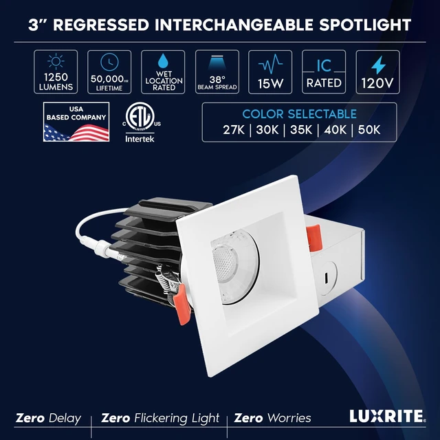 Alt view image 7 of 7 - LUXRITE 3 Inch LED Regressed Canless Spotlight + Square White Interchangeable Trim, 5CCT 2700K-5000K, Twist N' Lock, Recessed Lighting, 15W, 1250LM, CRI90, Dimmable, 38° Beam, IC & Wet Rated