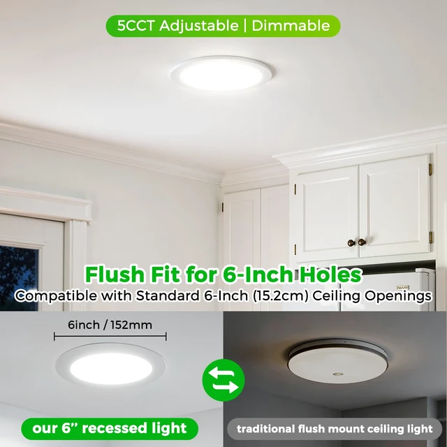 Alt view image 2 of 7 - MAXvolador 6 Pack 6 Inch LED Recessed Ceiling Light 5CCT with Junction Box | 1200LM High Brightness, 2700K/3000K/4000K/5000K/6000K Selectable, Dimmable, 12W Ultra-Thin Canless Wafer Downlight 120V