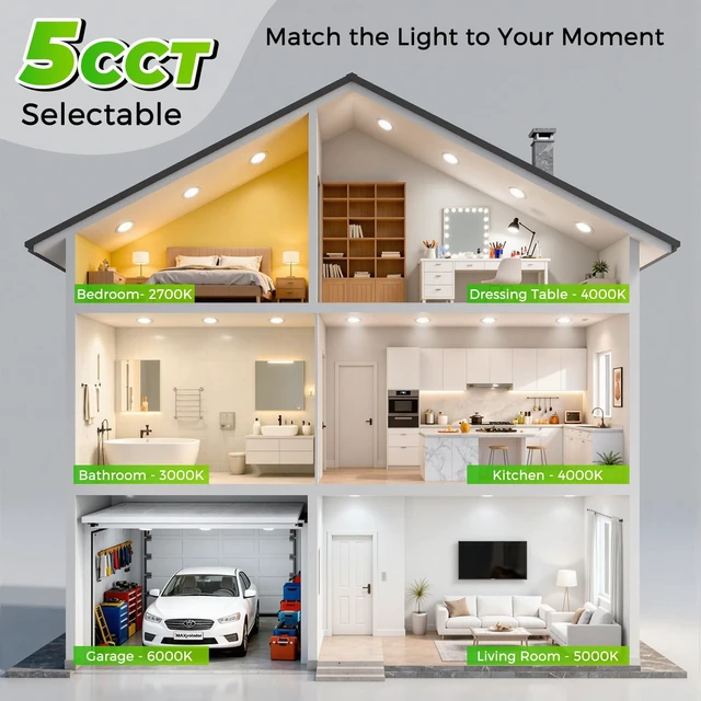 Alt view image 3 of 7 - MAXvolador 6 Pack 6 Inch LED Recessed Ceiling Light 5CCT with Junction Box | 1200LM High Brightness, 2700K/3000K/4000K/5000K/6000K Selectable, Dimmable, 12W Ultra-Thin Canless Wafer Downlight 120V