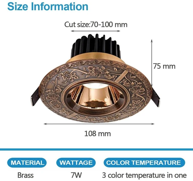 Alt view image 2 of 7 - SQUSMAY Led Recessed Downlight Baffle Trim 7W Vintage Carved Round Ceiling Light Deep Anti-Glare COB Spotlights Brass Ceiling Downlight for Bathroom Living Room Hallway