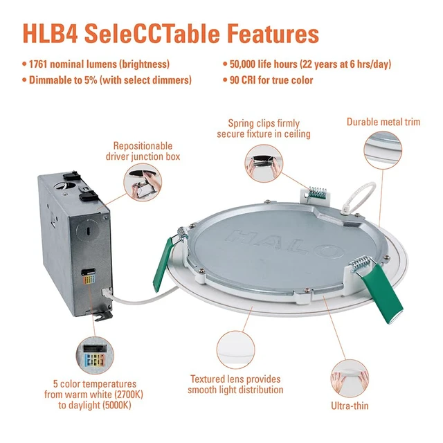 Alt view image 3 of 7 - HALO HLB Canless LED Recessed Lighting 8 inch 5CCT 1600lm | wafer light, IC rated, AIR-TITE, wet rated for soffit /shower light, 2700K-5000K, New Construction / Remodel