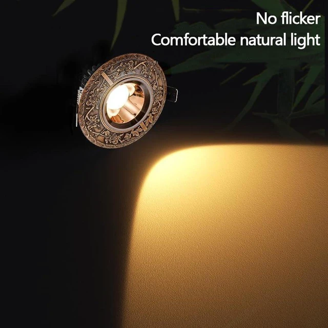 Alt view image 3 of 7 - SQUSMAY Led Recessed Downlight Baffle Trim 7W Vintage Carved Round Ceiling Light Deep Anti-Glare COB Spotlights Brass Ceiling Downlight for Bathroom Living Room Hallway