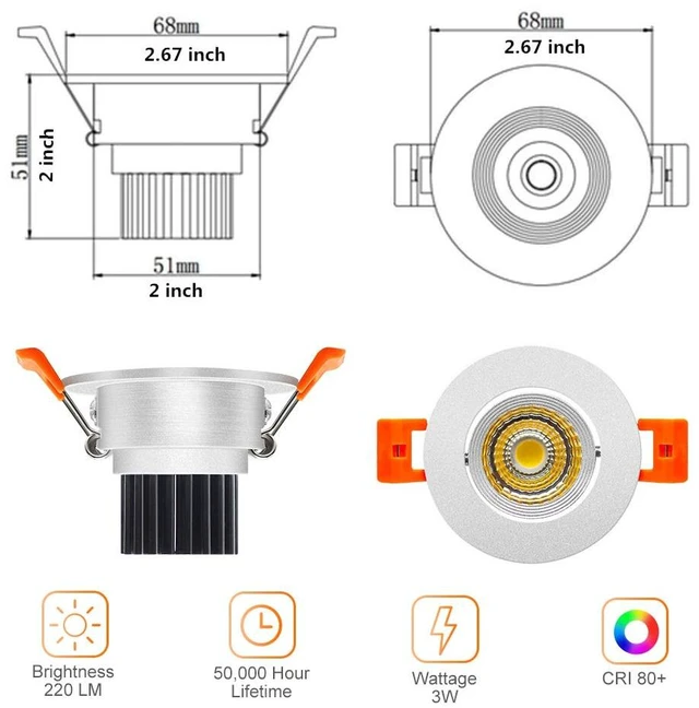 Alt view image 2 of 7 - LightingWill 2inch LED Dimmable Downlight, 3W COB Recessed Ceiling Light, Natural White 4000K-4500K, CRI80, 25W Halogen Bulbs Equivalent, Silver (4Pack)