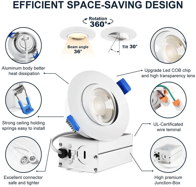 Alt view image 4 of 7 - Sublimation 4 Packs 3 Inch Gimbal Led Recessed Light with Junction Box 10w,Waterproof recessed Lights for Shower,3 Colors Adjustable,Suitable for Bathroom,Parlor,Bedroom,Kitchen,Balcony