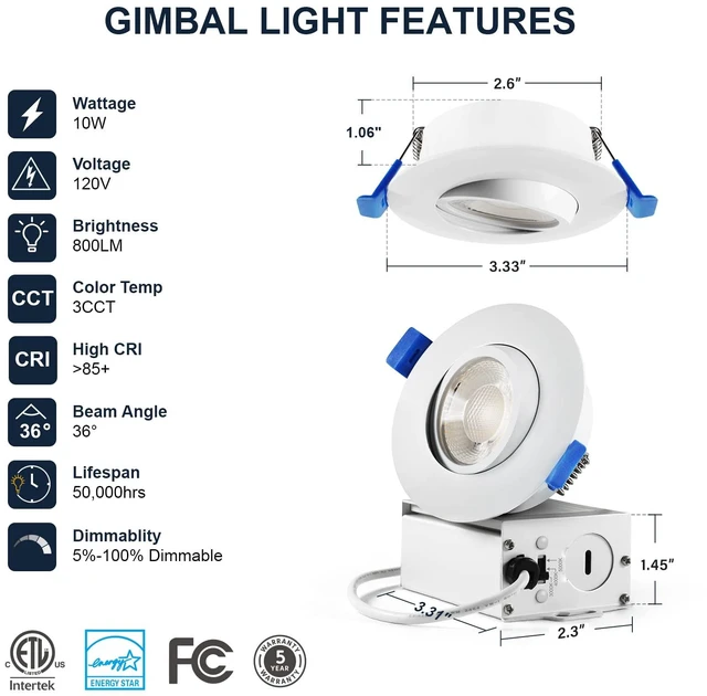 Alt view image 5 of 7 - Sublimation 4 Packs 3 Inch Gimbal Led Recessed Light with Junction Box 10w,Waterproof recessed Lights for Shower,3 Colors Adjustable,Suitable for Bathroom,Parlor,Bedroom,Kitchen,Balcony