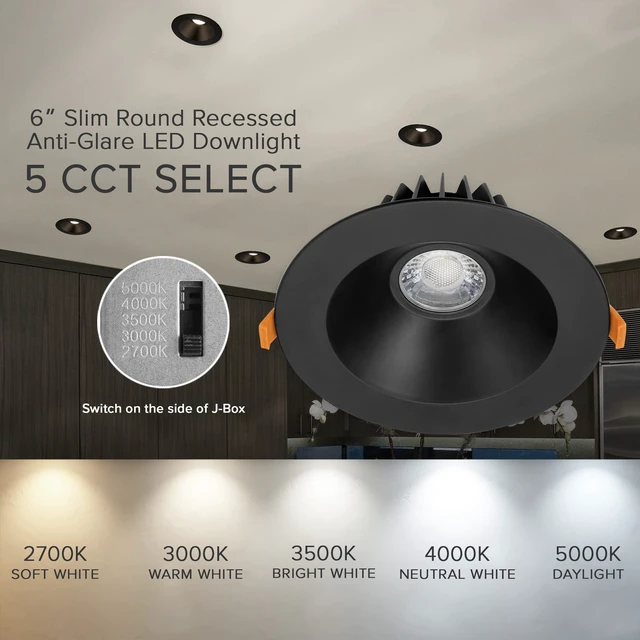 Alt view image 6 of 7 - Maxxima 6" Anti-Glare LED Downlight Canless, 1200 Lumens, 5 CCT, Black | Color Temperature Selectable 2700K/3000K/3500K/4000K/5000K, Dimmable Recessed Fixture, IC Rated, 90 CRI, J-Box Included