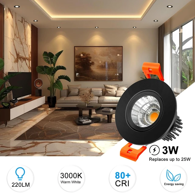 Alt view image 2 of 7 - inShareplus 2 Inch LED Downlight, 3W Recessed Lighting 220LM COB Dimmable, 3000K Warm White, CRI80, Black Trim, LED Ceiling Lights with Driver, 12 Pack
