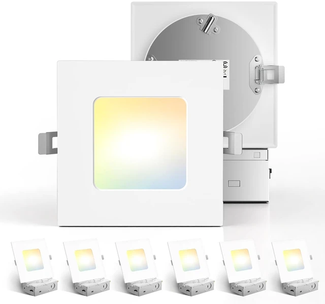 Main image of Amico 6 Pack 4 Inch 5CCT Ultra-Thin Square LED Recessed Ceiling Light | Fits Existing Round Cutout, 700LM, 10W, 10%-100% Smooth Dimming, Junction Box Included, ETL & FCC, Canless Wafer Downlight