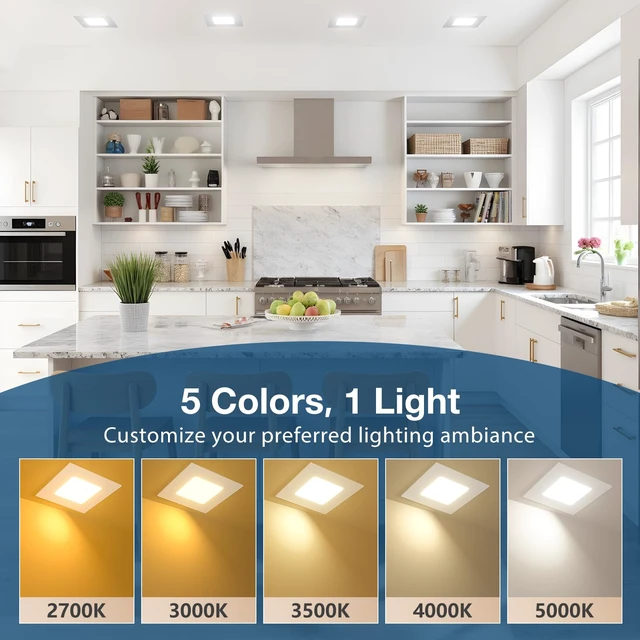 Alt view image 2 of 7 - Amico 6 Pack 4 Inch 5CCT Ultra-Thin Square LED Recessed Ceiling Light | Fits Existing Round Cutout, 700LM, 10W, 10%-100% Smooth Dimming, Junction Box Included, ETL & FCC, Canless Wafer Downlight