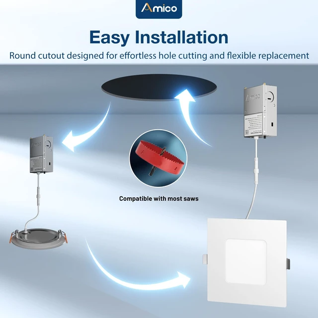 Alt view image 3 of 7 - Amico 6 Pack 4 Inch 5CCT Ultra-Thin Square LED Recessed Ceiling Light | Fits Existing Round Cutout, 700LM, 10W, 10%-100% Smooth Dimming, Junction Box Included, ETL & FCC, Canless Wafer Downlight