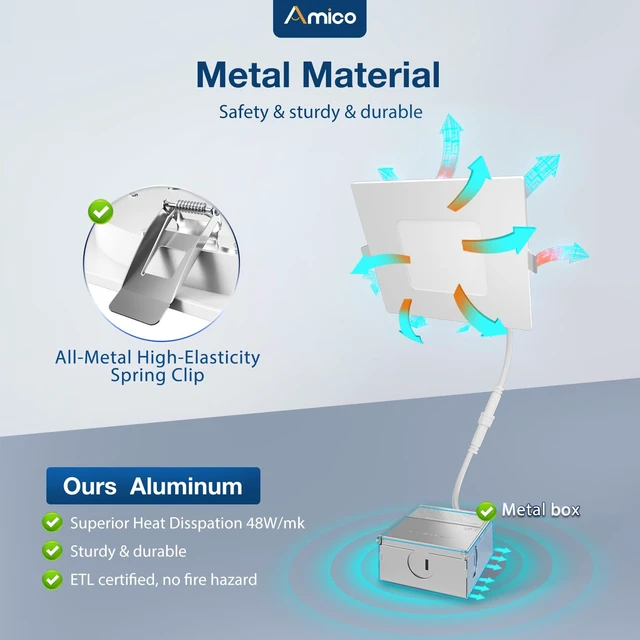 Alt view image 4 of 7 - Amico 6 Pack 4 Inch 5CCT Ultra-Thin Square LED Recessed Ceiling Light | Fits Existing Round Cutout, 700LM, 10W, 10%-100% Smooth Dimming, Junction Box Included, ETL & FCC, Canless Wafer Downlight