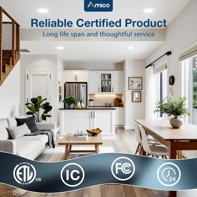 Alt view image 6 of 7 - Amico 6 Pack 4 Inch 5CCT Ultra-Thin Square LED Recessed Ceiling Light | Fits Existing Round Cutout, 700LM, 10W, 10%-100% Smooth Dimming, Junction Box Included, ETL & FCC, Canless Wafer Downlight