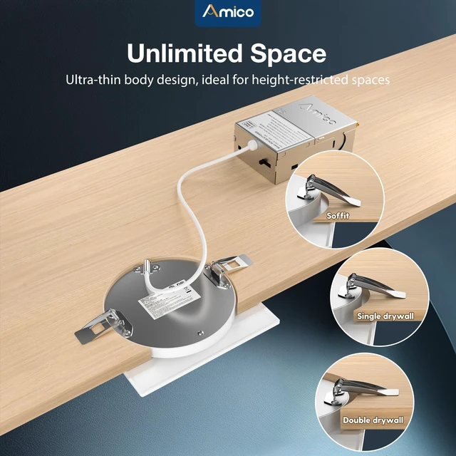 Alt view image 5 of 7 - Amico 6 Pack 4 Inch 5CCT Ultra-Thin Square LED Recessed Ceiling Light | Fits Existing Round Cutout, 700LM, 10W, 10%-100% Smooth Dimming, Junction Box Included, ETL & FCC, Canless Wafer Downlight