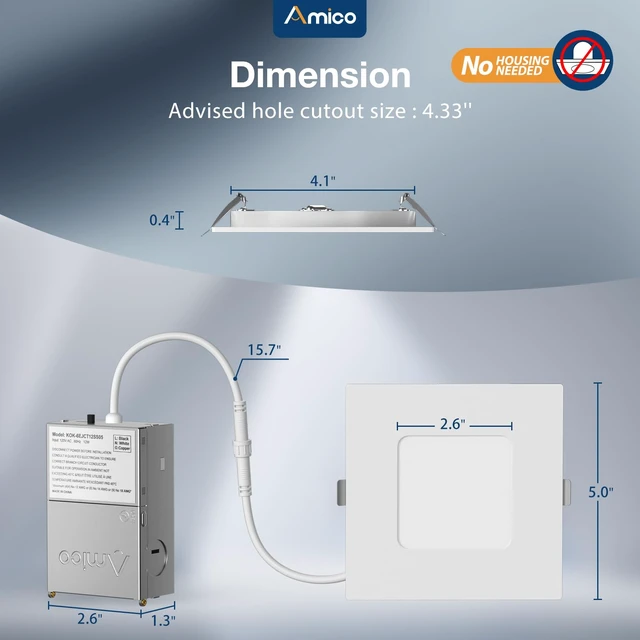 Alt view image 7 of 7 - Amico 6 Pack 4 Inch 5CCT Ultra-Thin Square LED Recessed Ceiling Light | Fits Existing Round Cutout, 700LM, 10W, 10%-100% Smooth Dimming, Junction Box Included, ETL & FCC, Canless Wafer Downlight