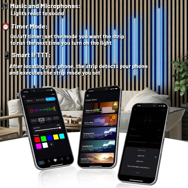 Alt view image 3 of 7 - Lichaser RGB Black Smart Recessed Lighting for Acoustic Panel, 6 Pcs WiFi LED Strip Light for Wood Slat Wall Panel Compatible with Alexa, Self-Adhesive Smart LED for Slat Wall (4 * 28 in+2 * 16 in)