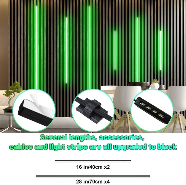 Alt view image 4 of 7 - Lichaser RGB Black Smart Recessed Lighting for Acoustic Panel, 6 Pcs WiFi LED Strip Light for Wood Slat Wall Panel Compatible with Alexa, Self-Adhesive Smart LED for Slat Wall (4 * 28 in+2 * 16 in)