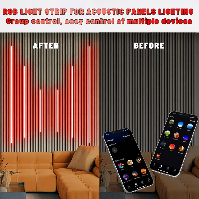 Alt view image 5 of 7 - Lichaser RGB Black Smart Recessed Lighting for Acoustic Panel, 6 Pcs WiFi LED Strip Light for Wood Slat Wall Panel Compatible with Alexa, Self-Adhesive Smart LED for Slat Wall (4 * 28 in+2 * 16 in)