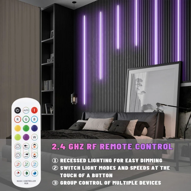 Alt view image 6 of 7 - Lichaser RGB Black Smart Recessed Lighting for Acoustic Panel, 6 Pcs WiFi LED Strip Light for Wood Slat Wall Panel Compatible with Alexa, Self-Adhesive Smart LED for Slat Wall (4 * 28 in+2 * 16 in)
