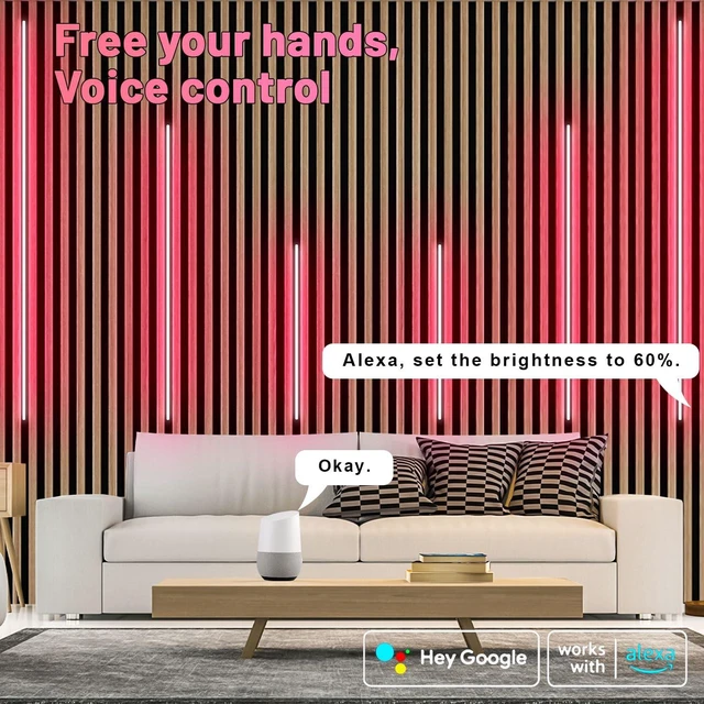 Alt view image 7 of 7 - Lichaser RGB Black Smart Recessed Lighting for Acoustic Panel, 6 Pcs WiFi LED Strip Light for Wood Slat Wall Panel Compatible with Alexa, Self-Adhesive Smart LED for Slat Wall (4 * 28 in+2 * 16 in)