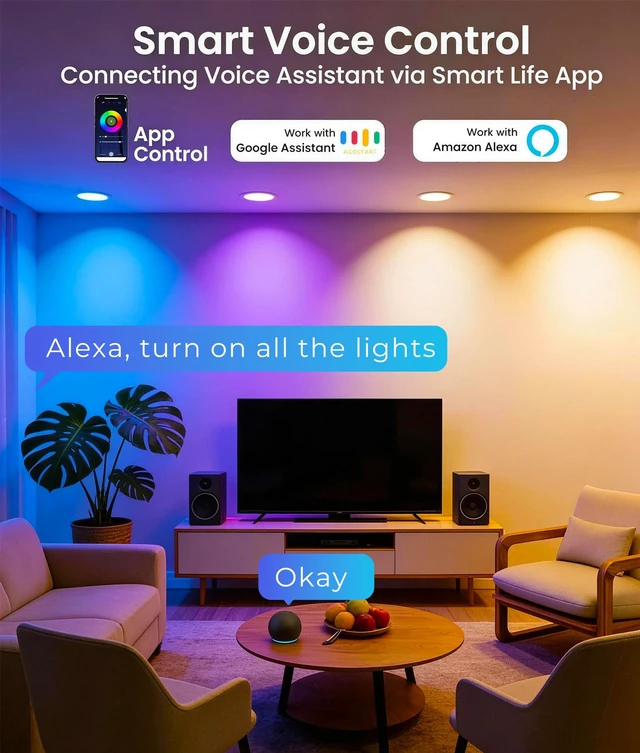 Alt view image 4 of 7 - DeerTalk Smart Recessed Lighting 6 Inch,1200LM LED Recessed Lights 4 Pack | WiFi&Bluetooth RGBCW Color Changing 2700-6000K Dimmable Canless Recessed Ceiling Light with J-Box,Work with Alexa&Google,12W