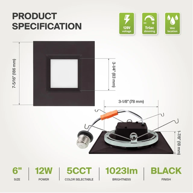 Alt view image 7 of 7 - ASD LED Bronze Retrofit 6 Inch Recessed Lights - Square 12W 1023LM 2700-5000K LED Recessed Lighting 6 Inch, Wet Rated Dimmable Can Lights, Baffle Trim Wafer Lights, UL 6 Pack