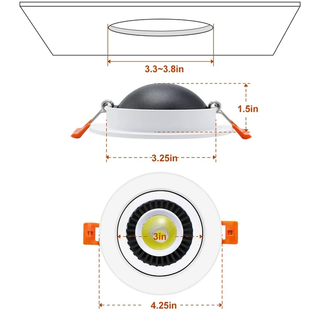 Alt view image 6 of 6 - YGS-Tech 3.5 Inch Eyeball Gimbal LED Recessed Lighting Dimmable Downlight, 7W (70W Halogen Equivalent) Adjustable Spotlight, 5000K Daylight White, CRI80, Ceiling Light with LED Driver (4 Pack)