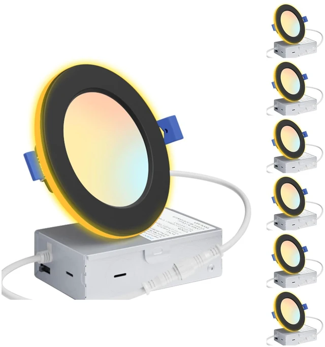 Main image of Ensenior 6 Pack 4 Inch LED Recessed Lights with Night Light, 5CCT 750LM | Ultra-Thin Ceiling Light, Canless Wafer Downlight, 2700K-5000K Selectable, Dimmable, 9W, Damp Rated, ETL&FCC&IC