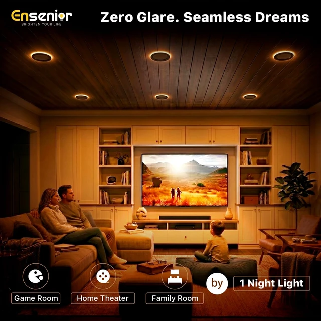 Alt view image 2 of 7 - Ensenior 6 Pack 4 Inch LED Recessed Lights with Night Light, 5CCT 750LM | Ultra-Thin Ceiling Light, Canless Wafer Downlight, 2700K-5000K Selectable, Dimmable, 9W, Damp Rated, ETL&FCC&IC