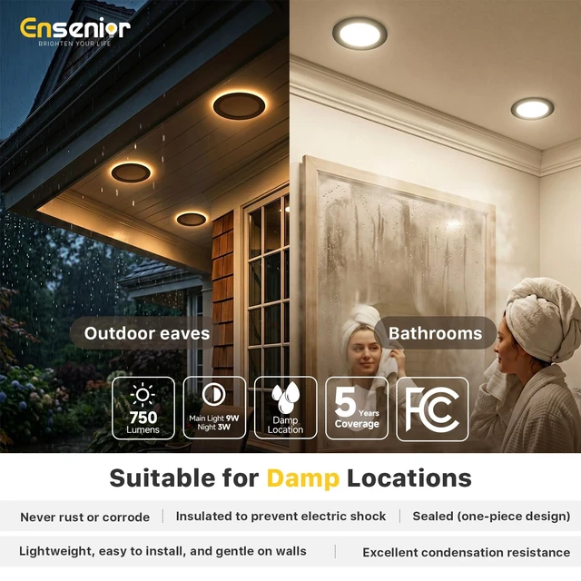 Alt view image 3 of 7 - Ensenior 6 Pack 4 Inch LED Recessed Lights with Night Light, 5CCT 750LM | Ultra-Thin Ceiling Light, Canless Wafer Downlight, 2700K-5000K Selectable, Dimmable, 9W, Damp Rated, ETL&FCC&IC