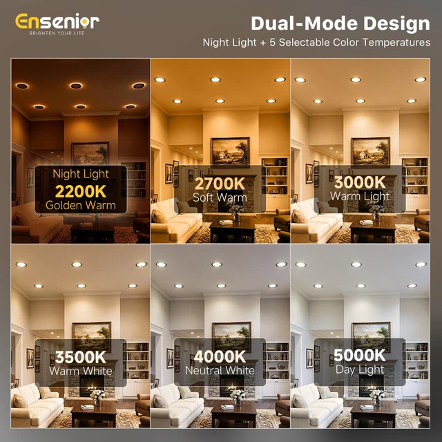 Alt view image 4 of 7 - Ensenior 6 Pack 4 Inch LED Recessed Lights with Night Light, 5CCT 750LM | Ultra-Thin Ceiling Light, Canless Wafer Downlight, 2700K-5000K Selectable, Dimmable, 9W, Damp Rated, ETL&FCC&IC