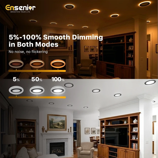 Alt view image 5 of 7 - Ensenior 6 Pack 4 Inch LED Recessed Lights with Night Light, 5CCT 750LM | Ultra-Thin Ceiling Light, Canless Wafer Downlight, 2700K-5000K Selectable, Dimmable, 9W, Damp Rated, ETL&FCC&IC