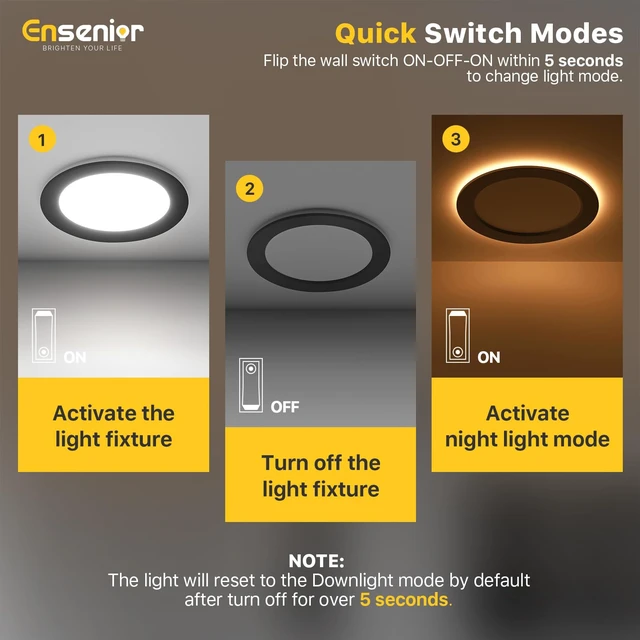 Alt view image 6 of 7 - Ensenior 6 Pack 4 Inch LED Recessed Lights with Night Light, 5CCT 750LM | Ultra-Thin Ceiling Light, Canless Wafer Downlight, 2700K-5000K Selectable, Dimmable, 9W, Damp Rated, ETL&FCC&IC